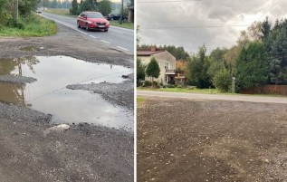 Stan drogi przy dworcu PKP w Spytkowicach "przed" "po" interwencji
