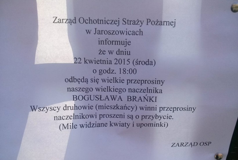 Anonimowe ogłoszenie zawisło na plocie OSP Jaroszowice