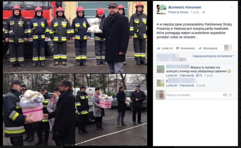 Lansik na Facebooku. Strażacy na baczność, bo burmistrz rozdaje pluszaki
